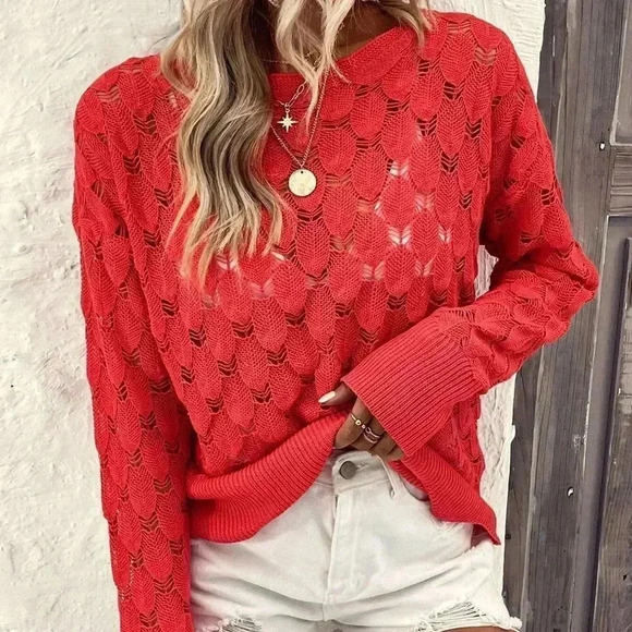 Red Boho Womens Solid Pointelle Knit Sweater - Picture 3 of 5
